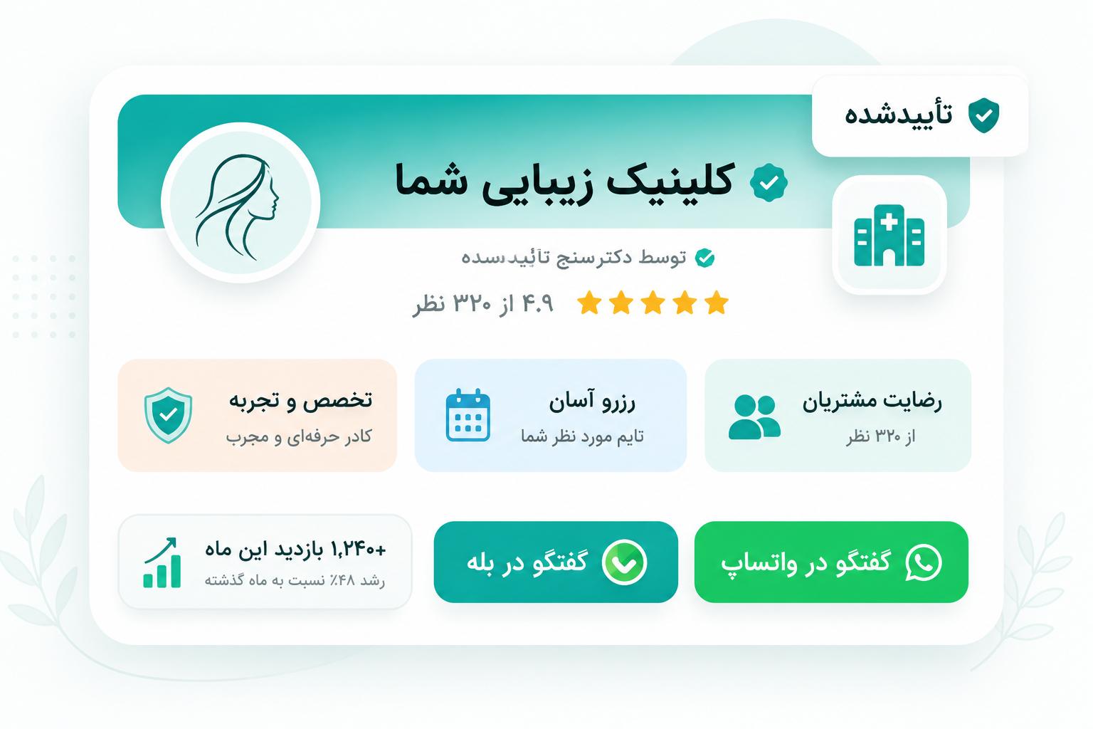 پیش‌نمایش صفحه حرفه‌ای کلینیک در دکترسنج — نشان تأیید، نظرات بیماران، واتساپ و آمار بازدید